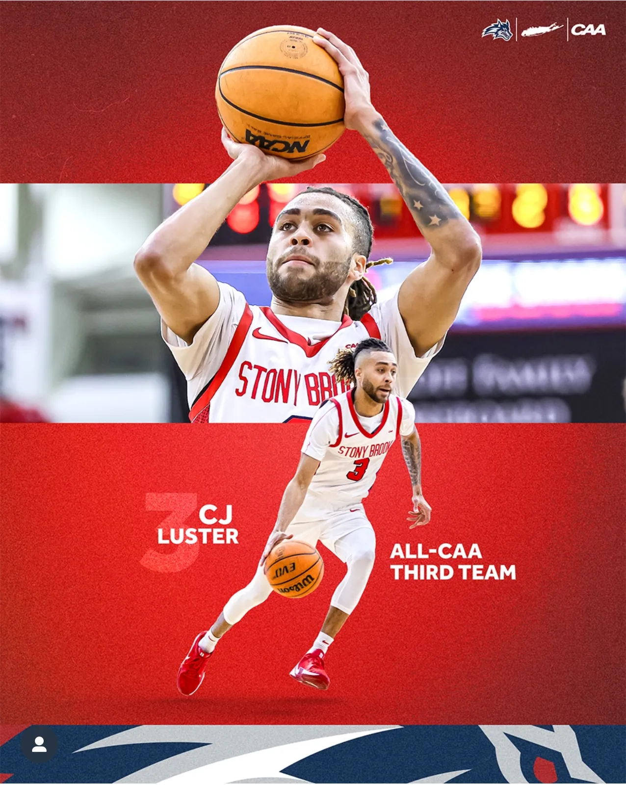CJ Luster II All-CAA Third Team Stony Brook basketball graphic